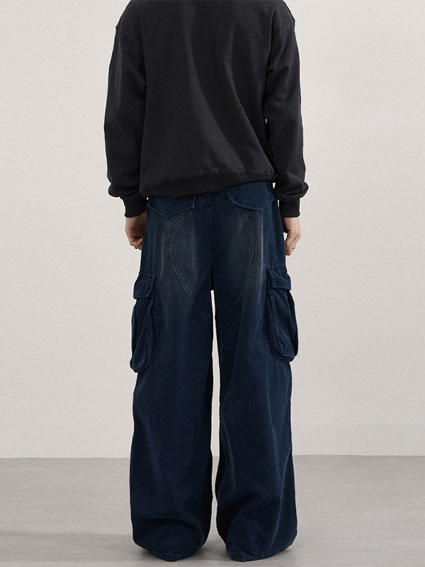 Retro Washing Corduroy Leisure Pleated Multiple Pockets Cargo Trousers