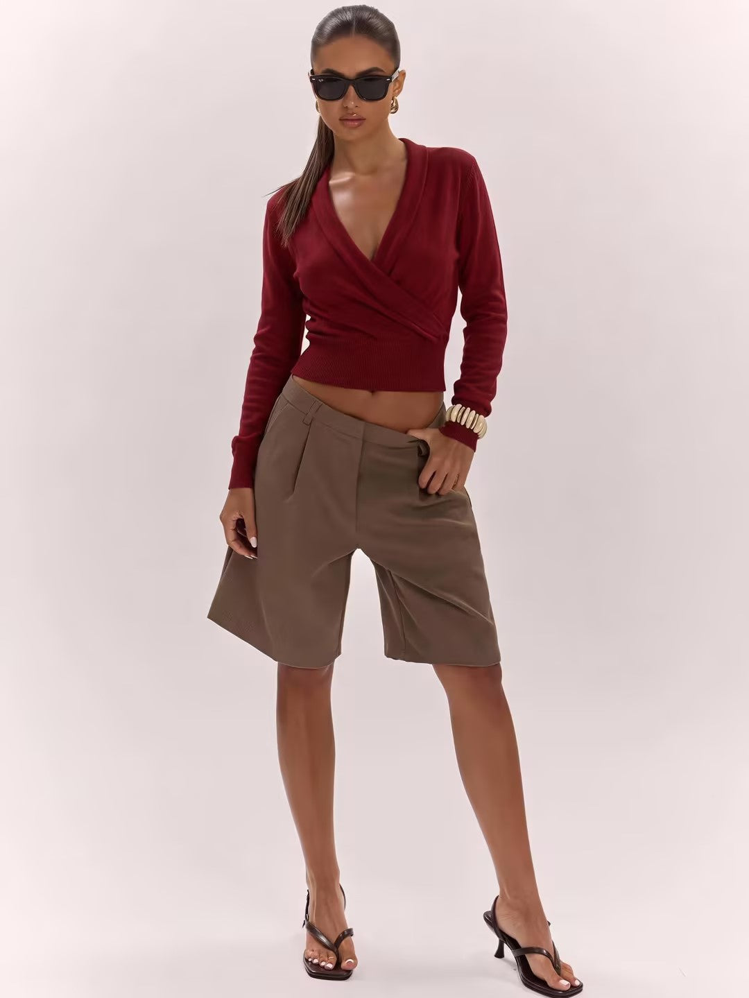 Wool Cross Wrap V Neckline, Fitted Waist, Long Sleeves