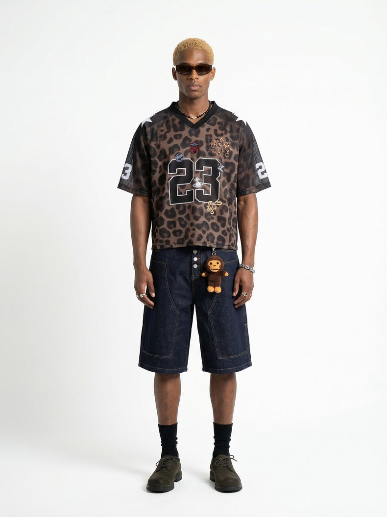 Retro Leopard Print Printed Net Hole Jersey Breathable T-shirts