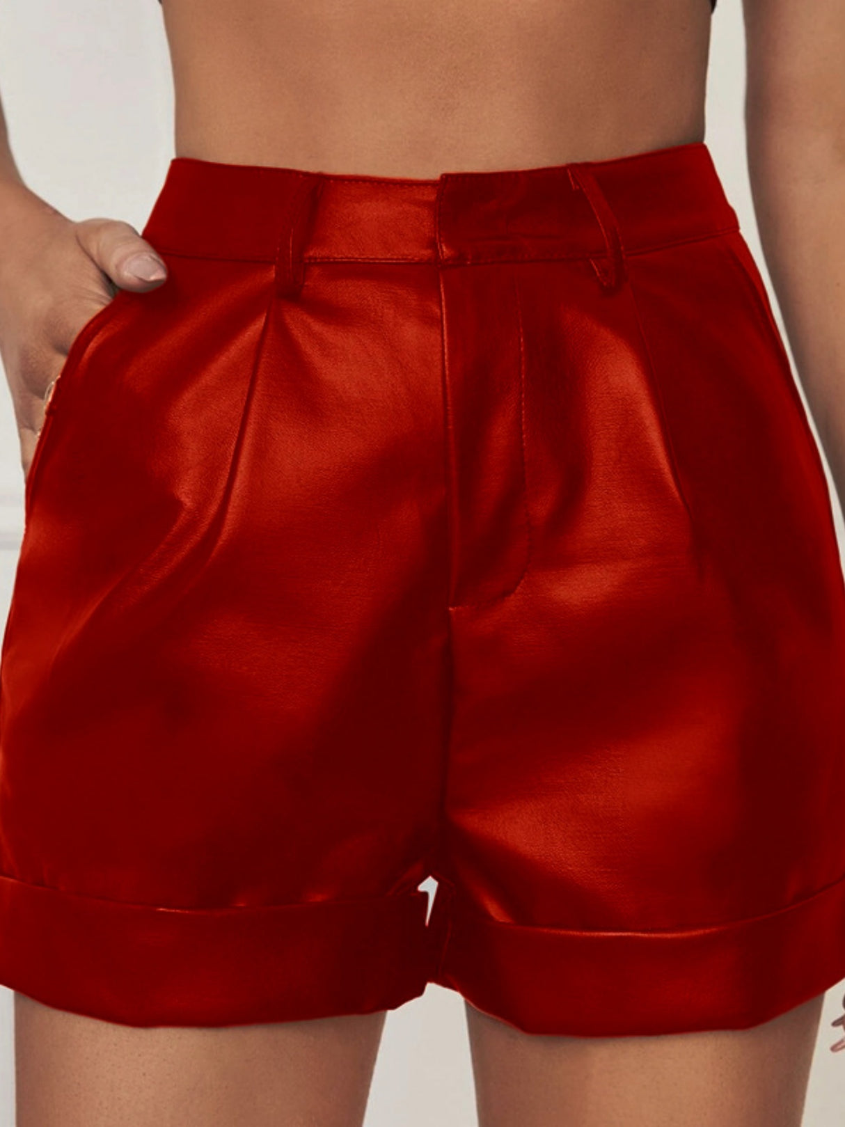 PU Leather High Curls And Pleats At The Hem Sexy Shorts
