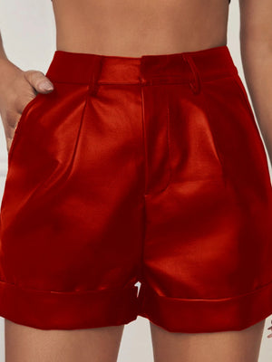 PU Leather High Curls And Pleats At The Hem Sexy Shorts
