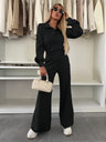 Long-sleeved Collared Top And Elastic Wide-leg Pants Two-piece Set