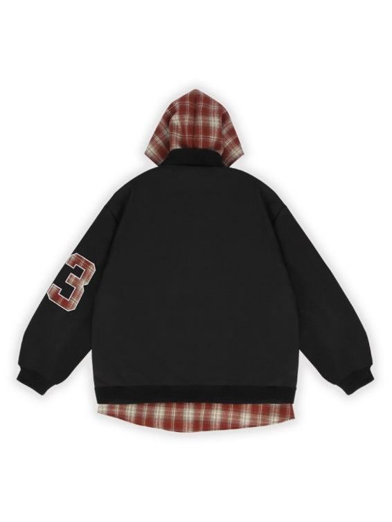 Fake Two Pieces Embroidery Plaid Splicing Hooded Jacket