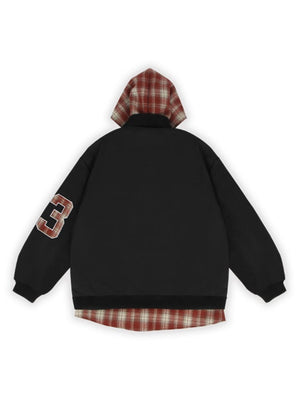 Fake Two Pieces Embroidery Plaid Splicing Hooded Jacket
