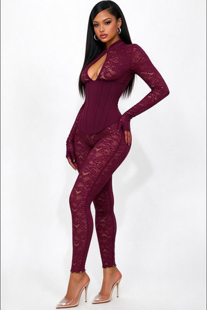 Lace-trimmed Cheongsam-style Fitted Bodycon Jumpsuit