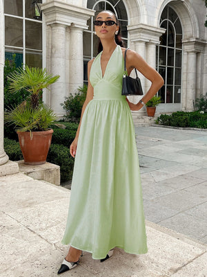 Halter V-neck Solid Color Maxi Dresses