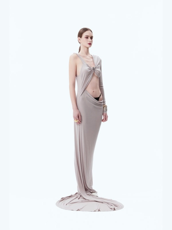 Midriff-baring, Padded-shoulder, One-sleeve, Floor-length Dress