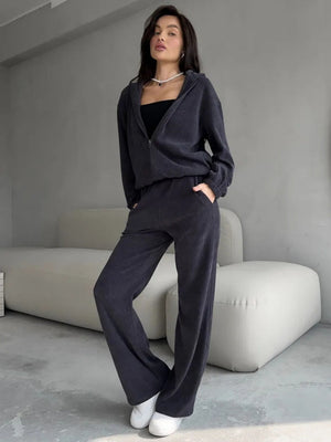 Liber Autumn women's solid color long-sleeved cardigan two-piece suit