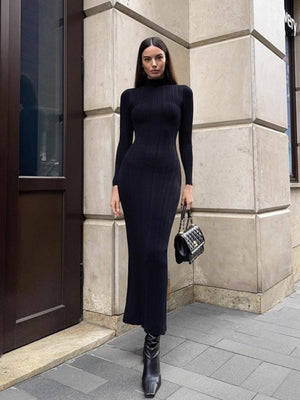 High Neck Long Sleeve Bodycon Dress Autumn Winter Maxi Dress Elegant French Knitted Dress