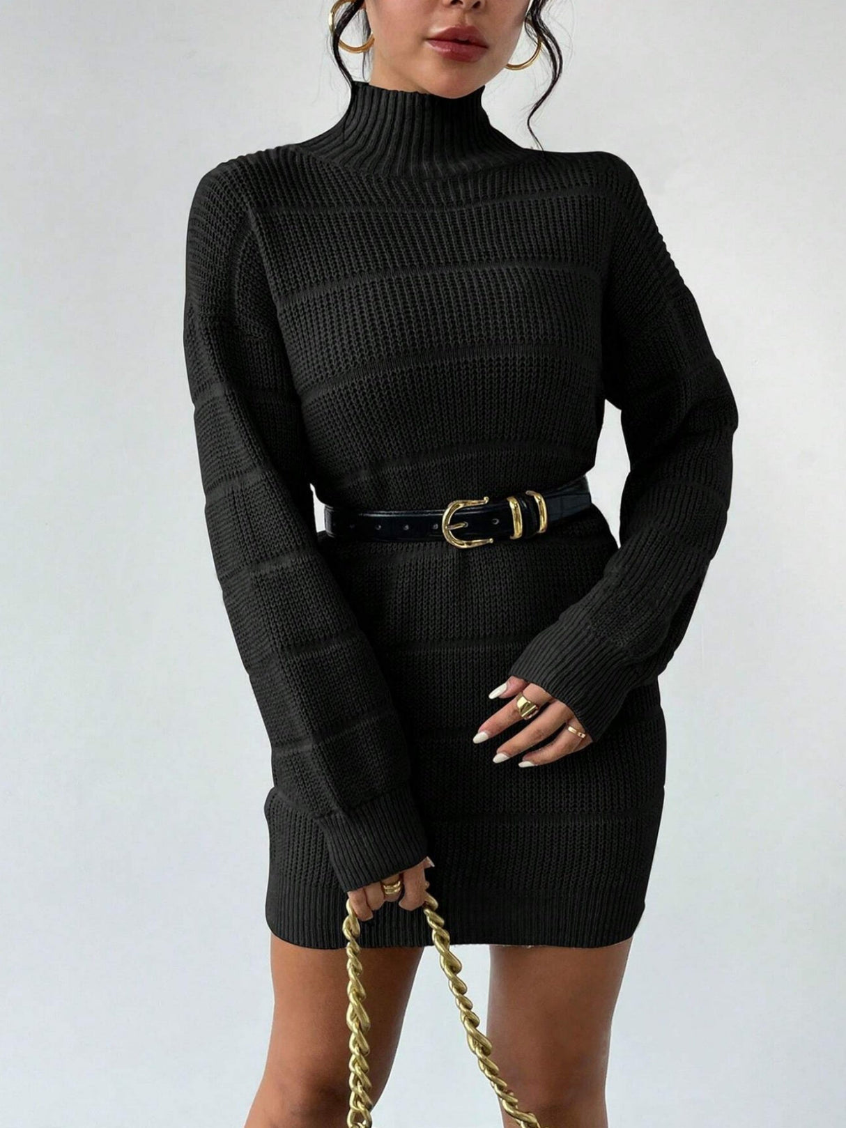 High Collar Long Sleeve Waist-cinching And Hip-hugging Knitted Sweaters Midi Dresses