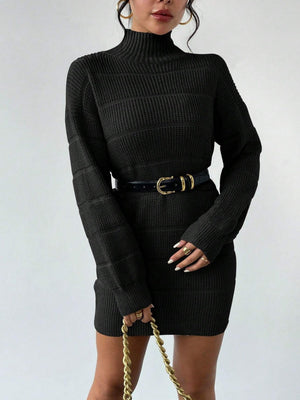 High Collar Long Sleeve Waist-cinching And Hip-hugging Knitted Sweaters Midi Dresses