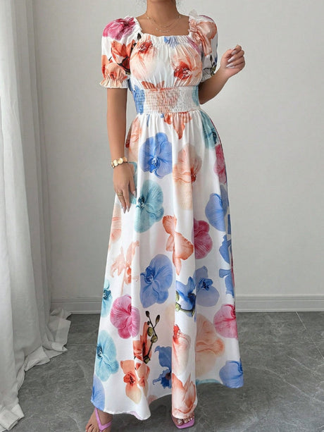Color One-shoulder Collar Flowers Maxi Dresses