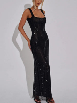Sexy Double-strap Sequined Rhinestone Halter Top With Cinched Waist And Bodycon Silhouette Long Dress