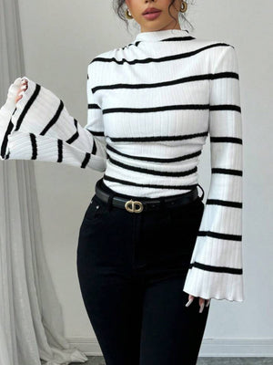 Short-sleeved, Stand-up Collar, Bell Sleeves, Irregular Black And White Striped Ribbed Knit T-shirt/sweater