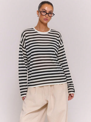 Linen-Blend Relaxed Striped Knit Top
