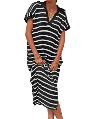 Stripes V-neck Short Sleeve Low-split Lapel Maxi Dresses