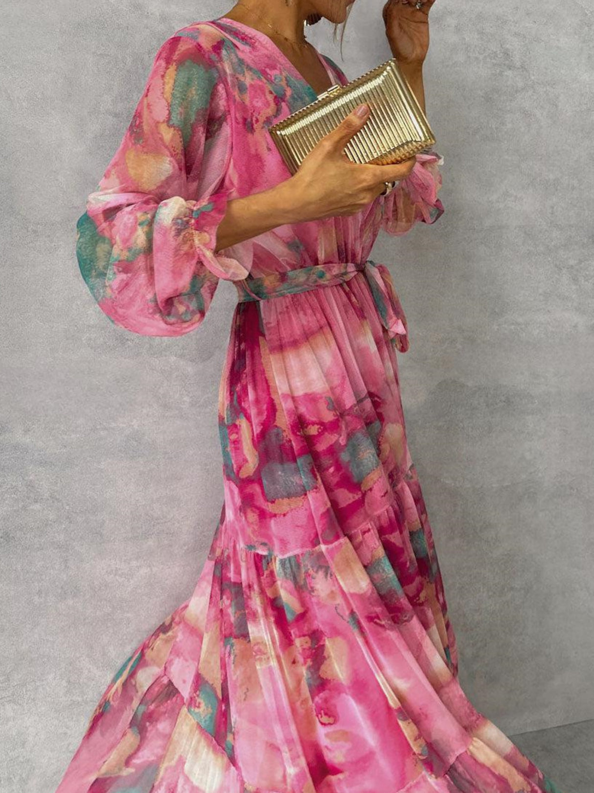 Printed Chiffon V-neck Tie Detail Long Dress With A Full Skirt