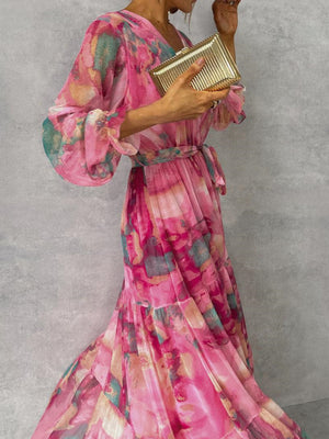Printed Chiffon V-neck Tie Detail Long Dress With A Full Skirt