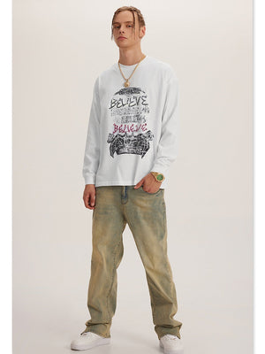 Distressed Water Wash Letter Print Loose T-shirts