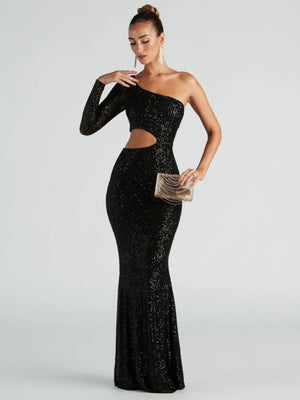 Off-shoulder sequins Hollow long dress
