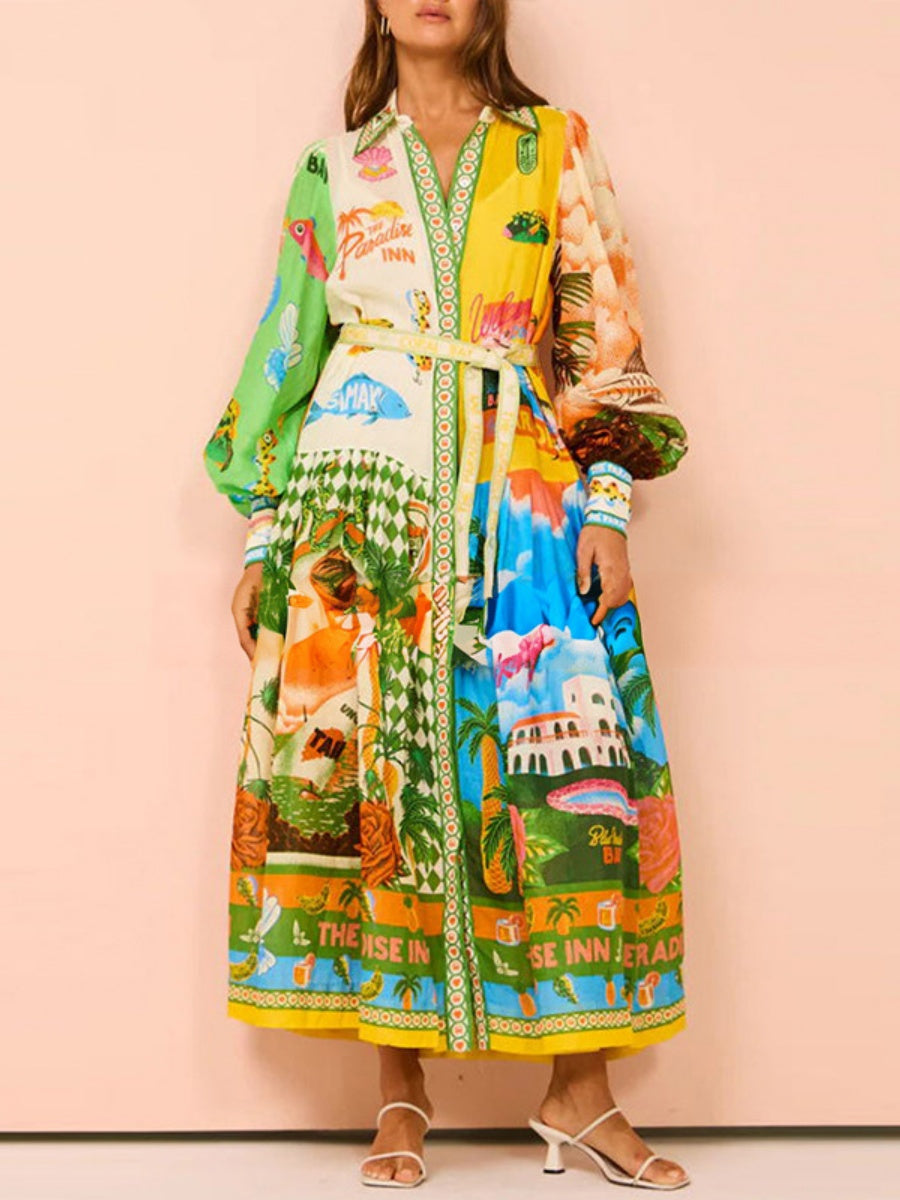 Fashion Printed Lantern Sleeves Belt Waist Maxi Dresses