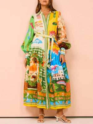 Fashion Printed Lantern Sleeves Belt Waist Maxi Dresses