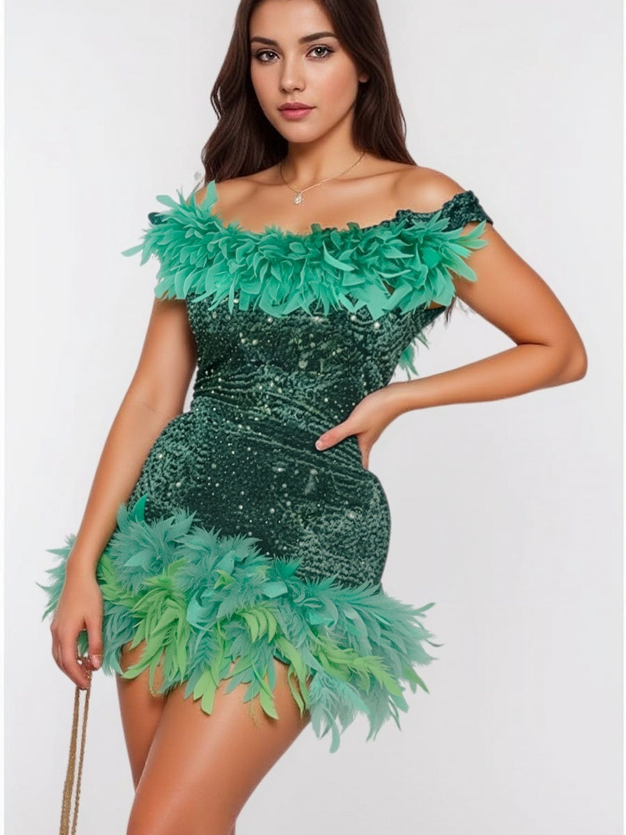 Sequined Backless Off Shoulder Feather Hip Mini&Short Dresses