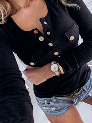 Langarm-Unterhemd mit Knopfverzierung, Strickwaren, T-Shirts