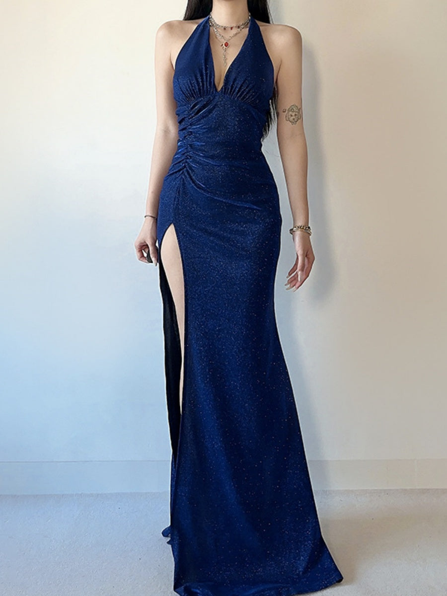 Halter Neck Backless V-neck Fine Flash Waist Corset Pleats Slit Dinner Party Long Dress