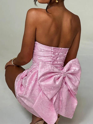 Jacquard Strapless Top Bow Straps Backless Solid Color Mini&Short Dresses