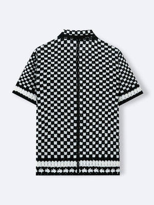 Crochet Knitting Black And White Plaid Hollow POLO Shirt