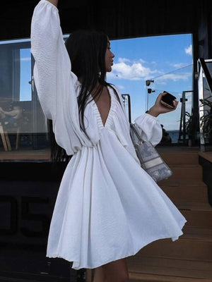 Pleated V-neck Puff Sleeves Large Skirt High-waisted Mini&Short Dresses