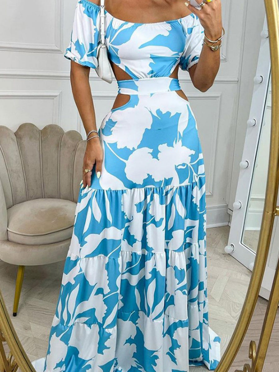 Bare Waist Printed One-shoulder Collar Maxi Dresses