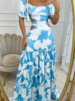 Bare Waist Printed One-shoulder Collar Maxi Dresses