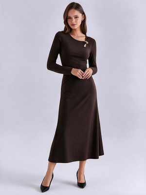 Hollow-out Design With Metallic Embellishments, Long-sleeved, Round-neck Maxi Dress