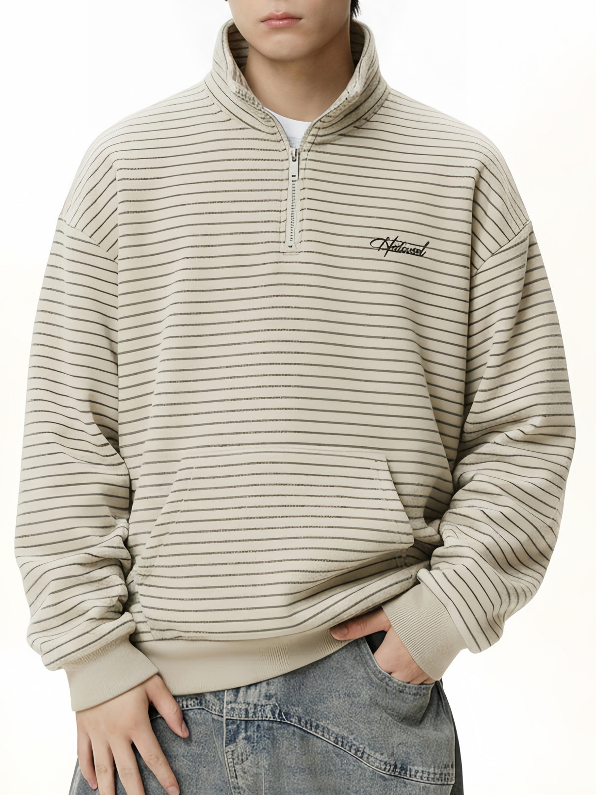 Stripes Stand Collar Half Zipper Letter Embroidery Sweatshirts