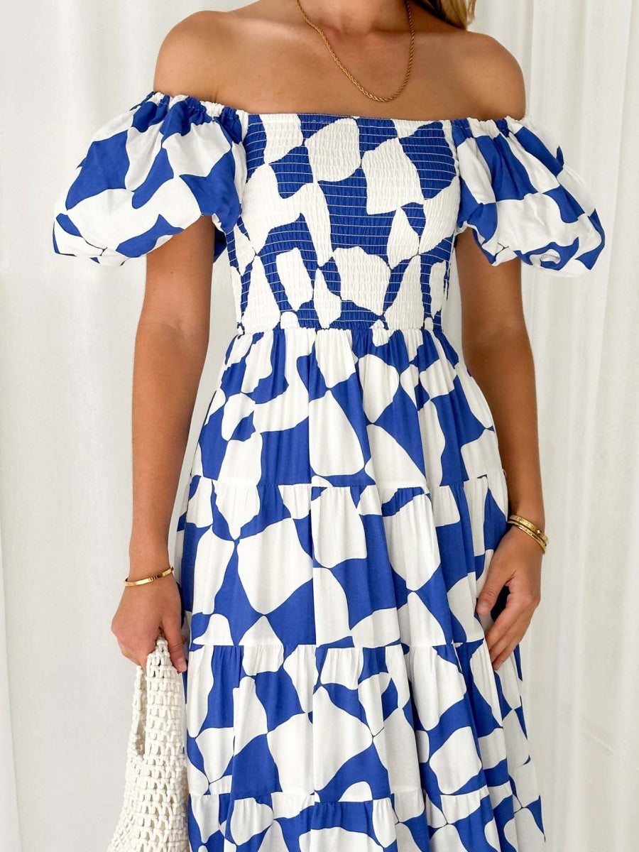 Off-the-shoulder Geometric Color-blocked Print Tulle Skirt With Puff Sleeves Long Dress