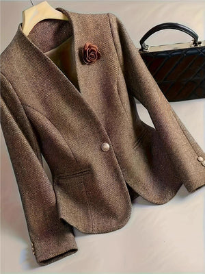 Tweed Fabric Notch Collar Flower Brooch Slim Fit Temperament Short Blazers