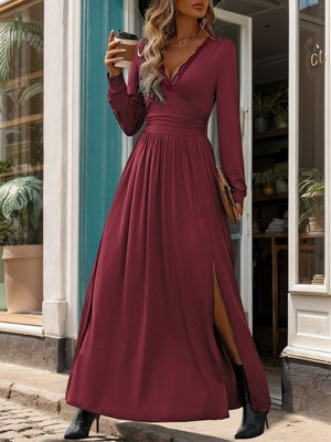 V-neck Lace Splicing Long Sleeve Slit Temperament Commuting Dinner Maxi Dresses