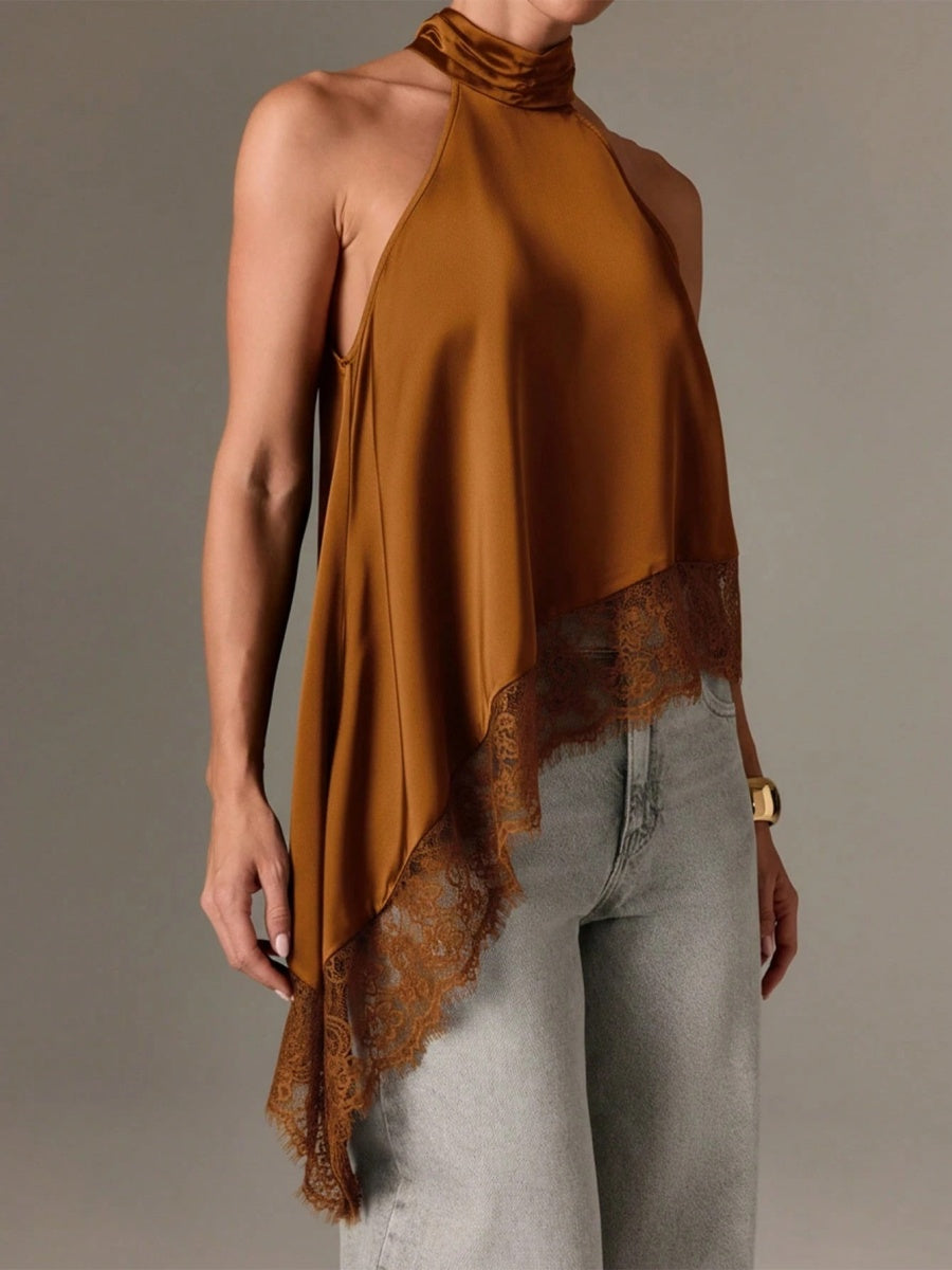 Halter Neck Lace Irregular Hem Spaghetti Strap