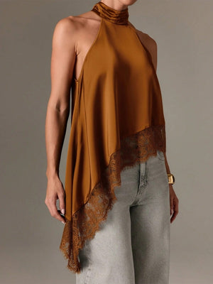 Halter Neck Lace Irregular Hem Spaghetti Strap