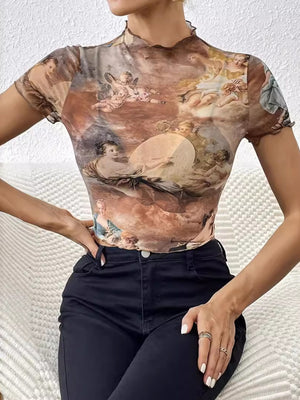 Printed Short Sleeve Mesh Sheer Tops