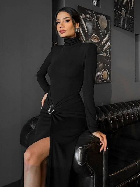 High-neck Split Sexy Slim Fit Hip-length Dress