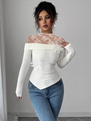 Pullover Lace Stand Collar Splicing T-shirts Pair With Corsage Elegant Mesh/sheer Top