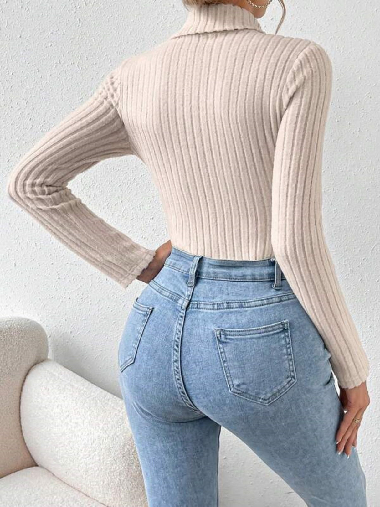 High-neck Long-sleeved Knitted Brushed Ribbed Bodysuit Top