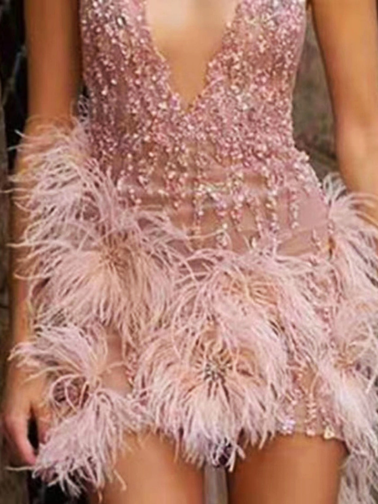 Feather Spaghetti Strap Mini Skirt Deep V-neck Sexy Party Perspective Mini&Short Dresses