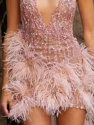 Feather Spaghetti Strap Mini Skirt Deep V-neck Sexy Party Perspective Mini&Short Dresses