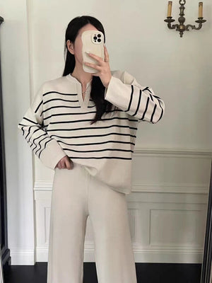Stylish Two-piece Set: Loose Striped Knit Top, Casual High-waisted Wide-leg Knit Pants