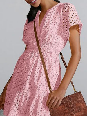 Lace Cutout V-neck Short Sleeve A-line Short Dress