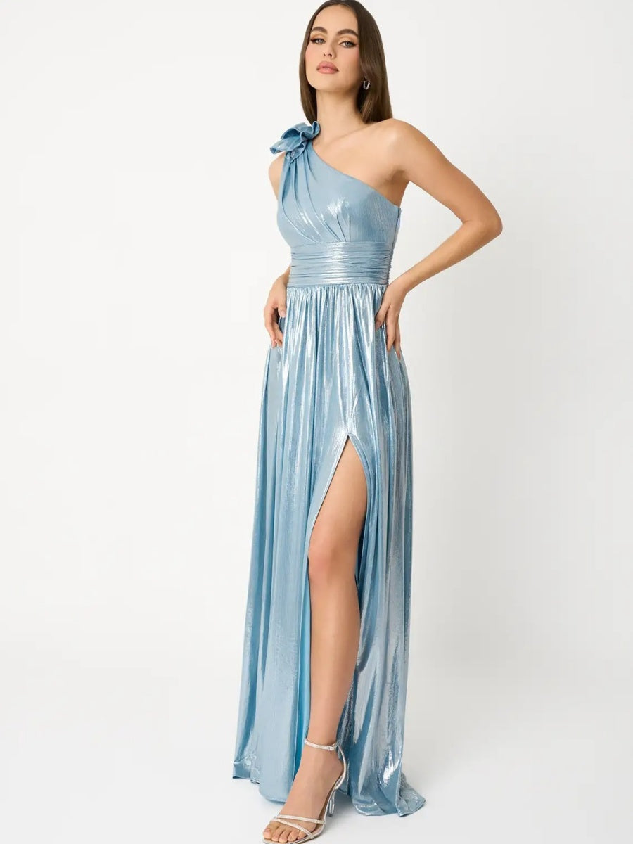 Metallic Sloping Shoulder Maxi Dresses